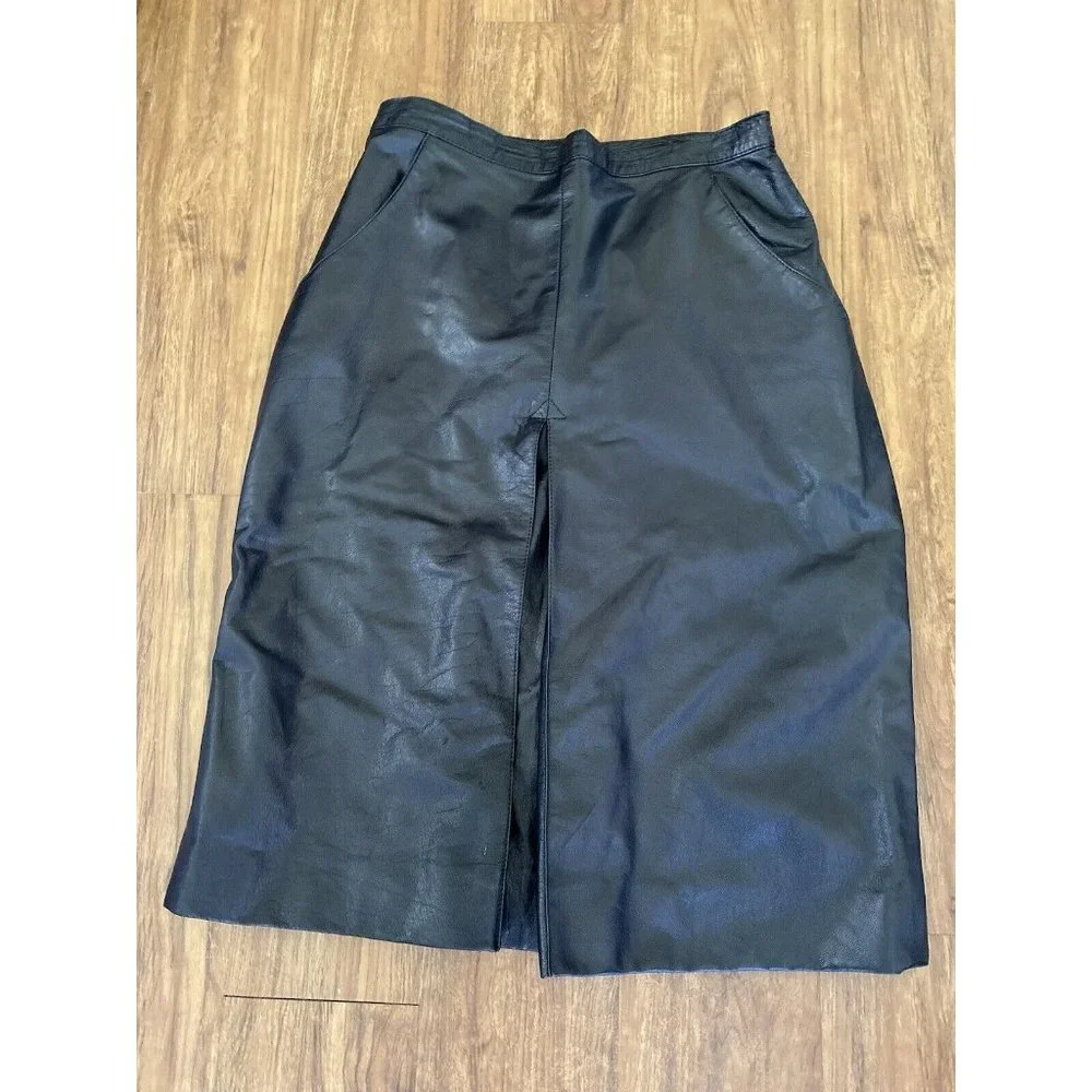 Beged -Or Israel‎ Vintage Black Midi Pleat Leather Pencil Skirt 14 More Like 6